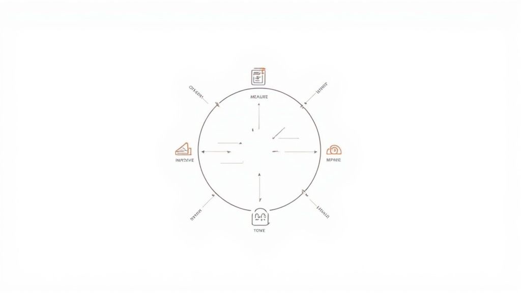 A circular diagram illustrating a quality management cycle with Measure, Improve, Mproe, and Tone stages.