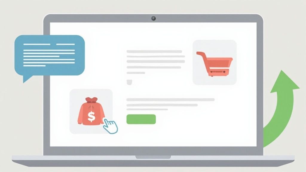 Laptop screen with chatbot, shopping cart, money bag, and a cursor interacting with an e-commerce interface.