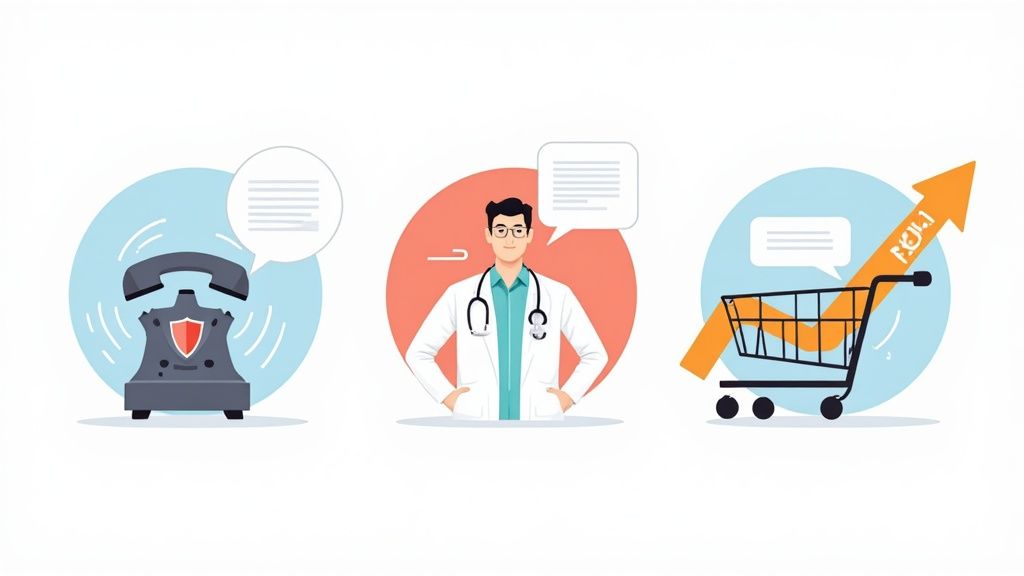 Illustrations depicting secure phone communication, a doctor offering consultation, and a shopping cart showing business growth.