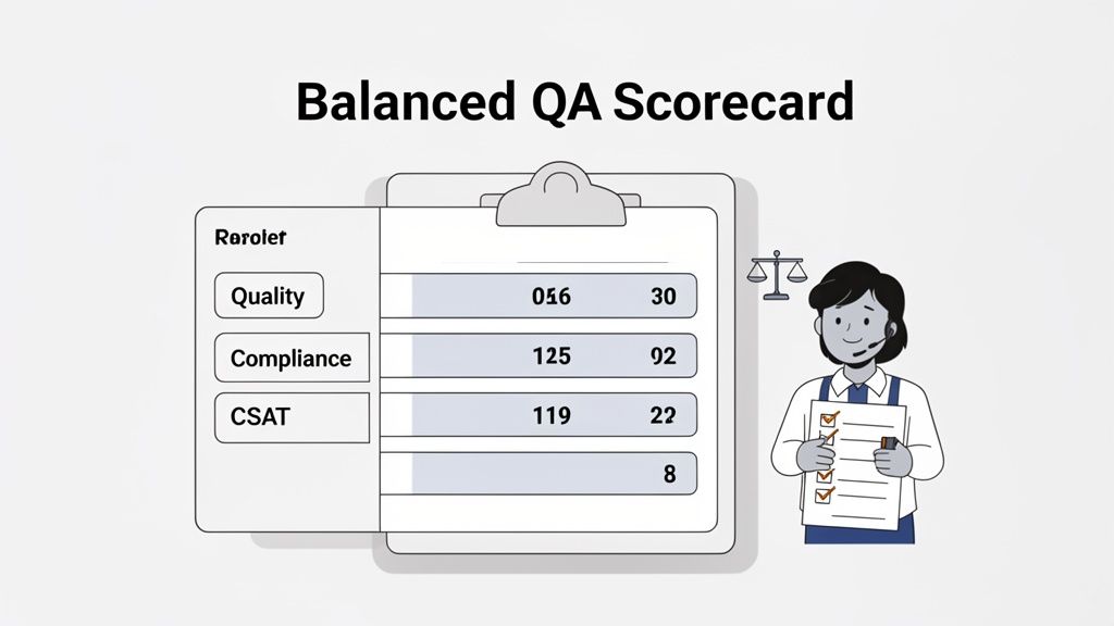 Illustration of a balanced QA scorecard displaying quality, compliance, and CSAT metrics, with a person and a scale icon.