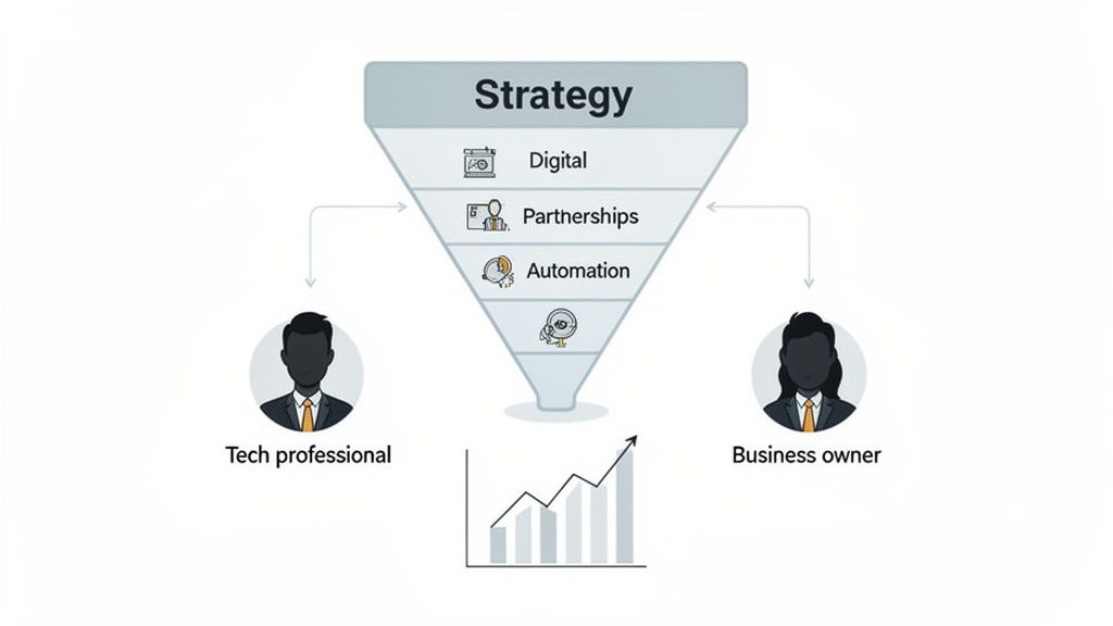 Strategy funnel illustrates Digital, Partnerships, and Automation leading to collaboration between Tech professional and Business owner for growth.