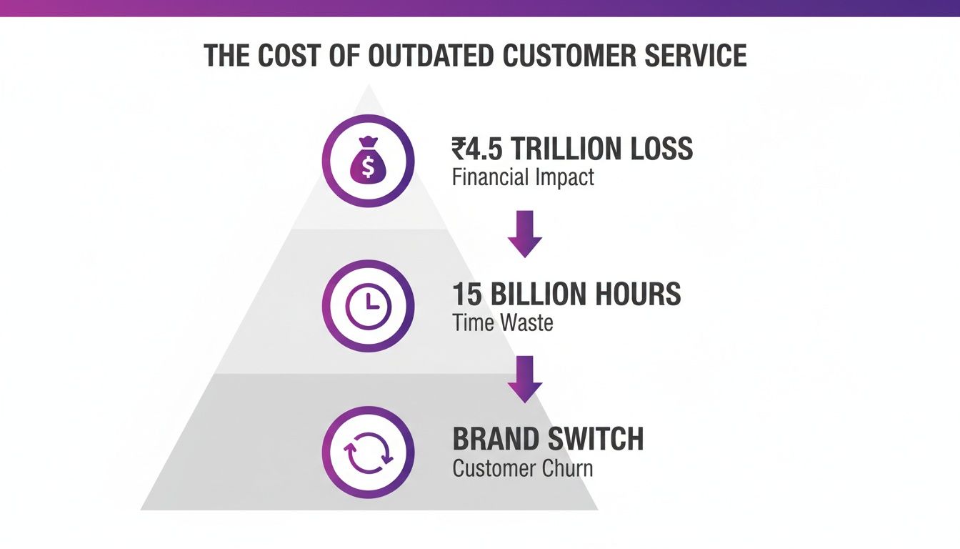 Pyramid infographic illustrating the costs of outdated customer service: financial impact, time waste, and customer churn.