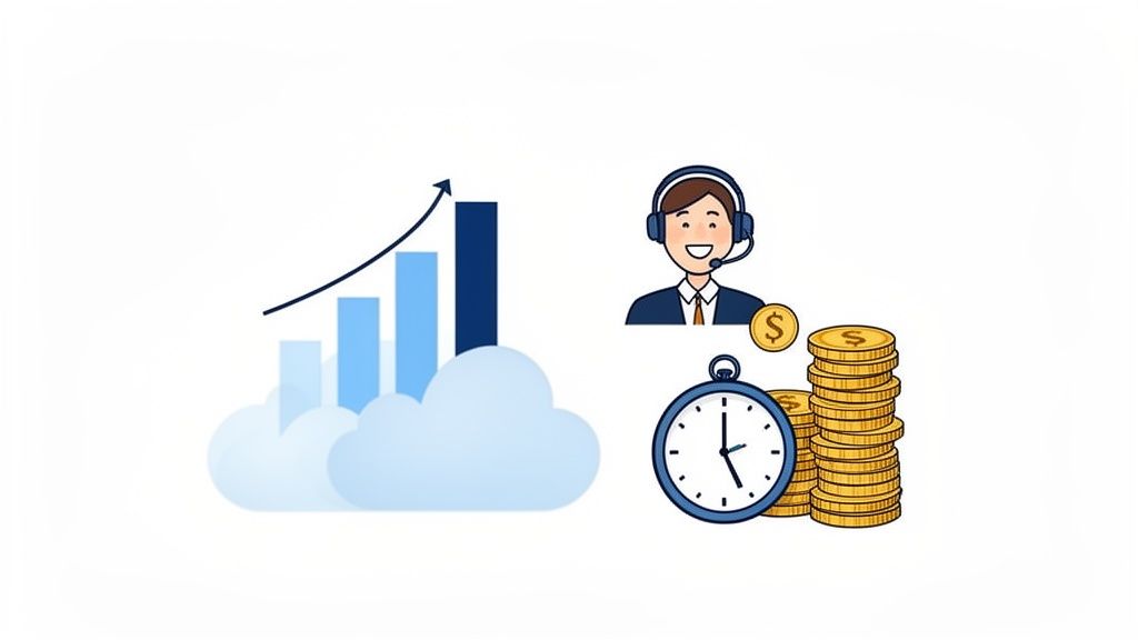 Cloud computing growth represented by a chart, alongside a call center agent, coins, and a clock for efficiency and savings.