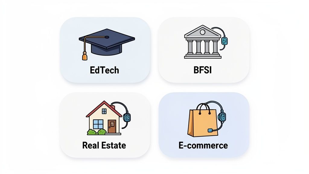 Icons for EdTech, BFSI, Real Estate, and E-commerce industries, demonstrating virtual assistant integration.