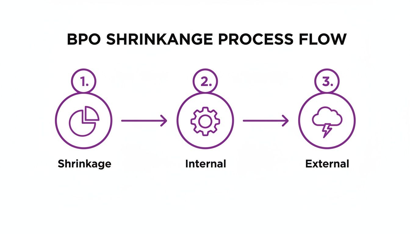 A flow diagram illustrating the BPO shrinkage process with three steps: Shrinkage, Internal, and External.