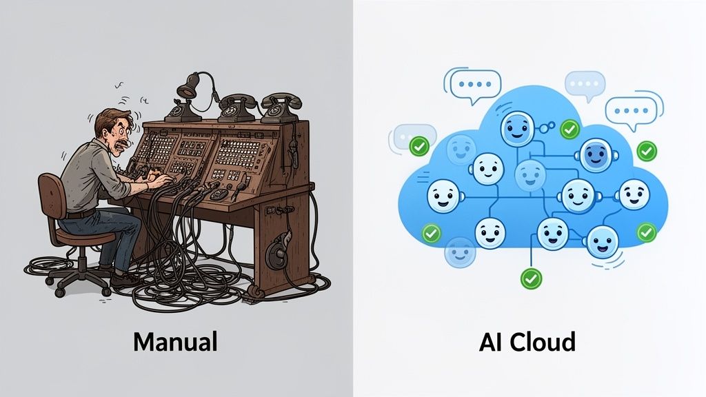 Illustration contrasting a frustrated man manually connecting calls with an efficient AI cloud network.