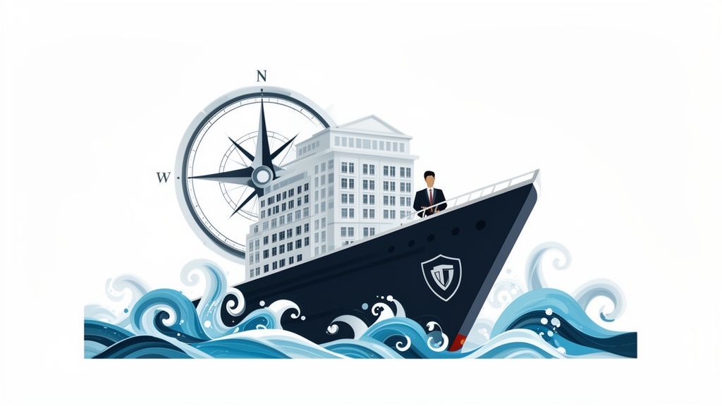 A businessman on a ship with a building, compass, and waves, symbolizing corporate navigation and compliance.