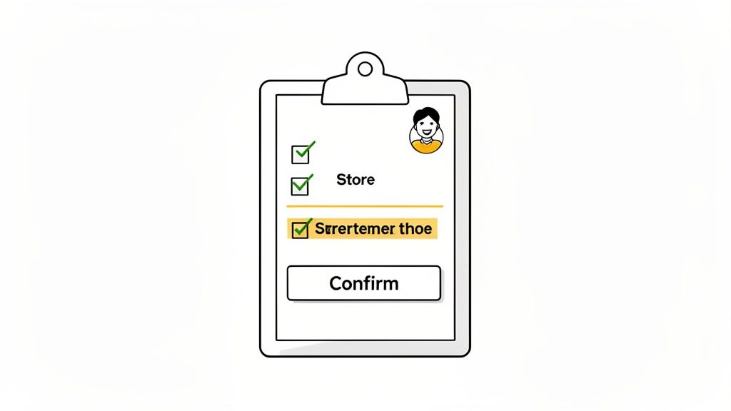 A clipboard shows a checklist with items like 'Store' and 'Srretertemer thoe' checked, with a 'Confirm' button.