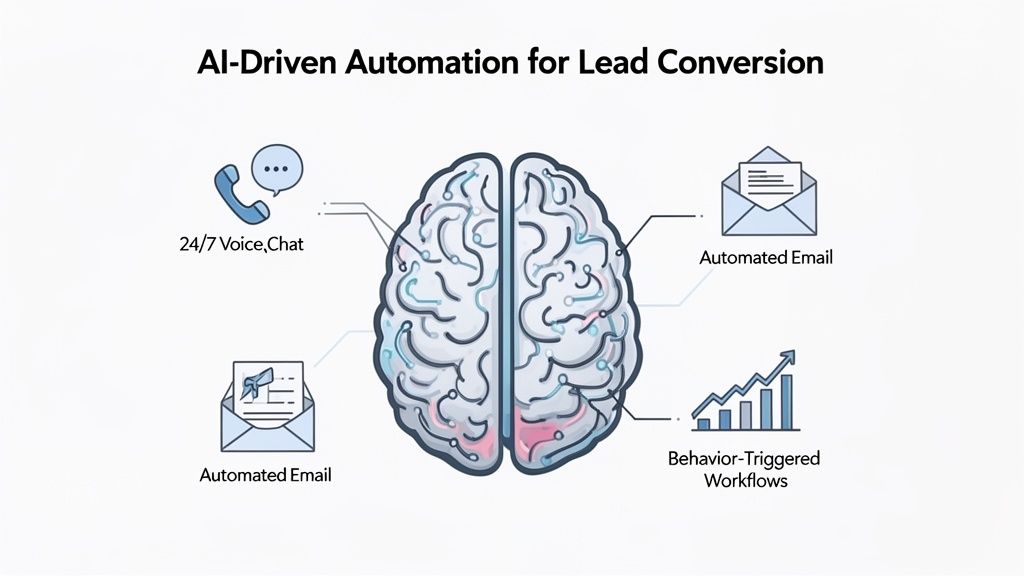 AI-driven automation brain diagram connecting to 24/7 voice/chat, automated emails, and behavior-triggered workflows for lead conversion.