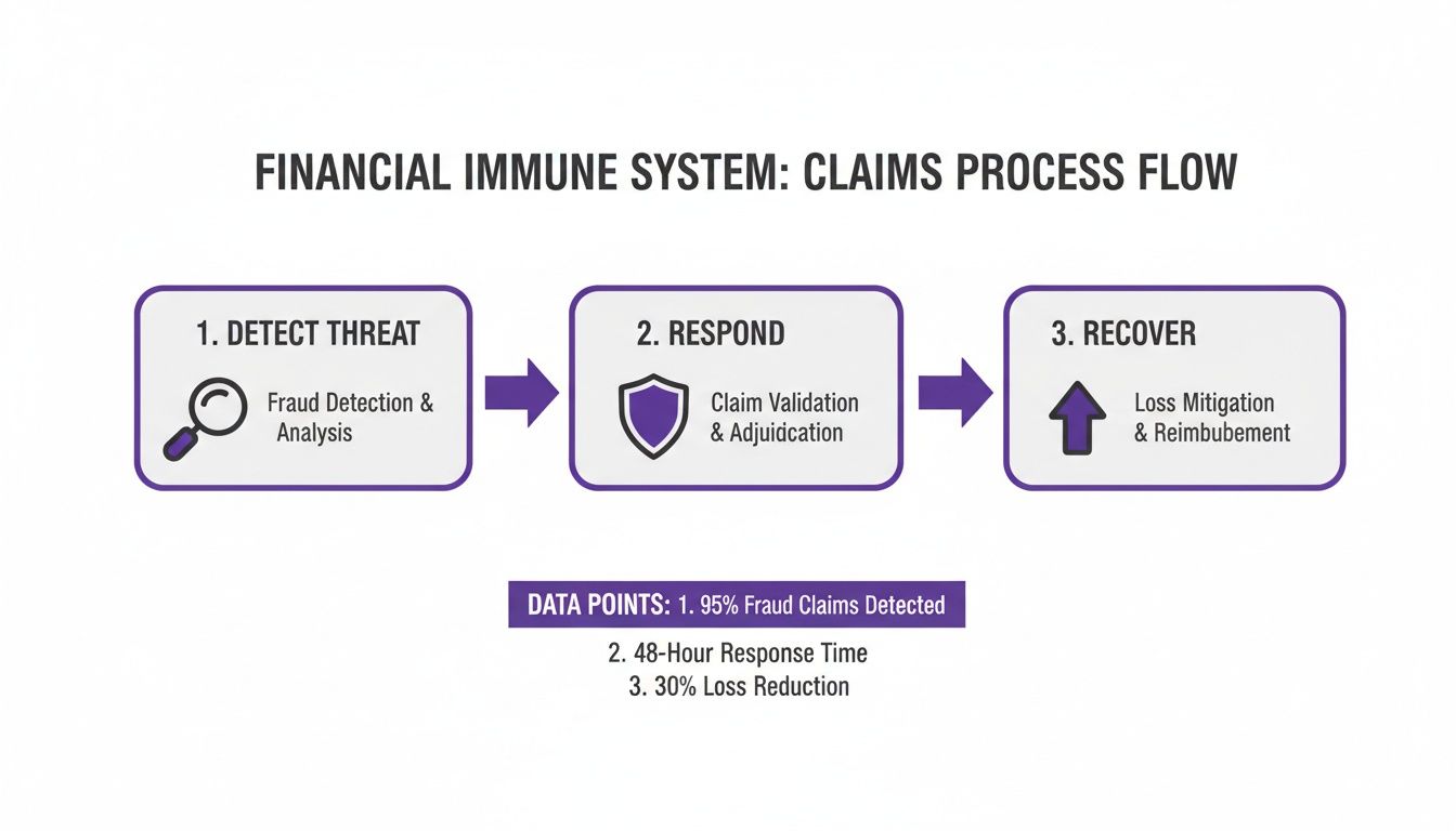 Flowchart illustrating a financial immune system claims process with fraud detection, response, and recovery steps.