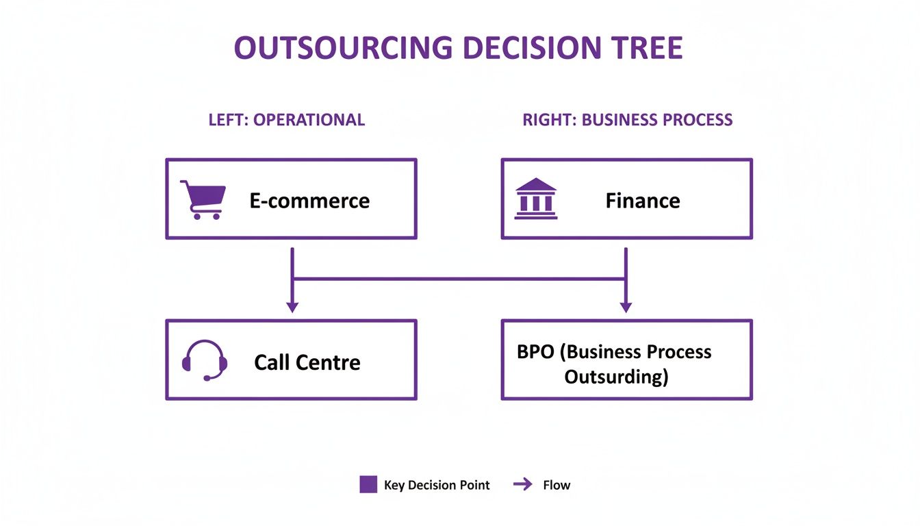 Outsourcing decision tree flowchart illustrating operational and business process outsourcing options.