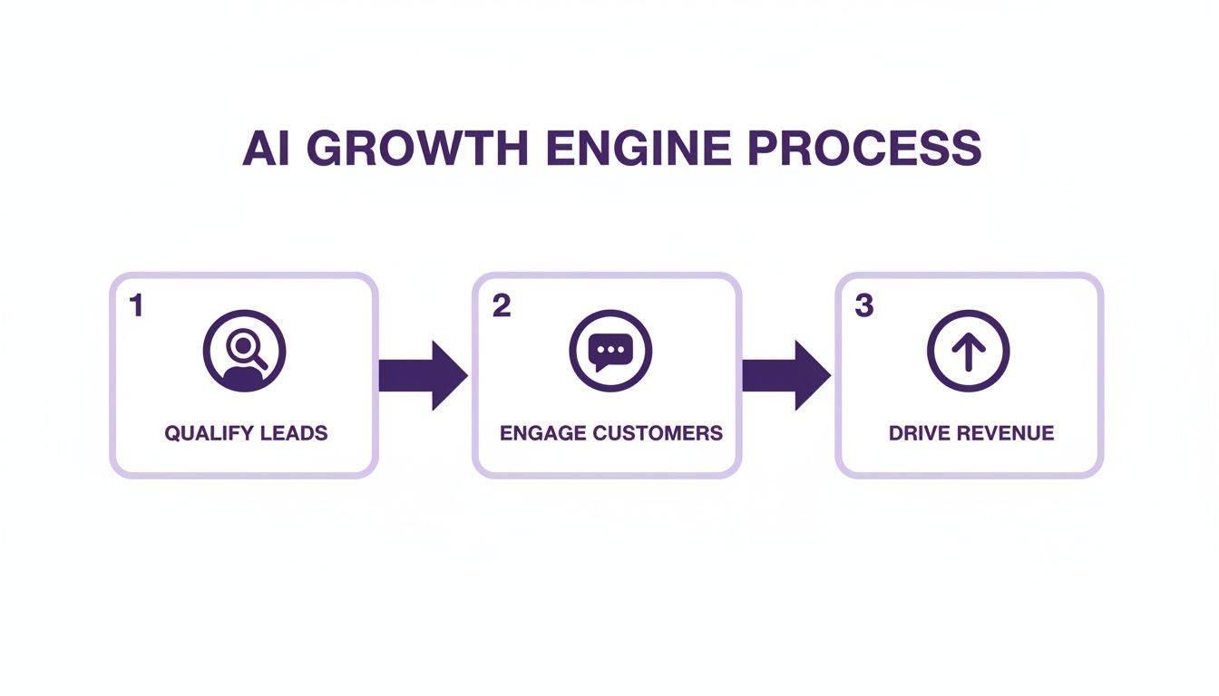 A three-step AI Growth Engine process illustrating qualifying leads, engaging customers, and driving revenue.