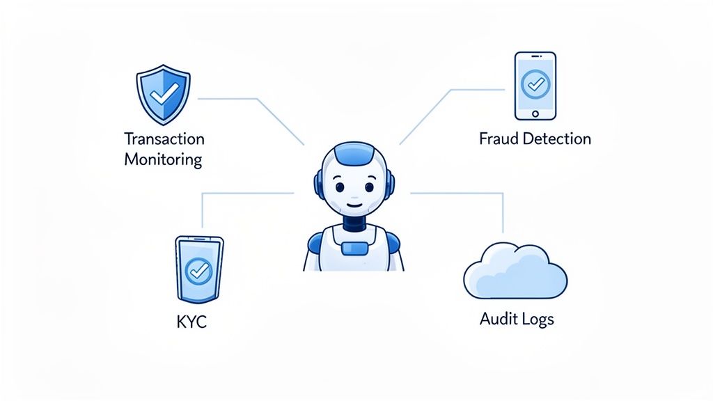 An AI robot central to banking compliance, connecting to transaction monitoring, fraud detection, KYC, and audit logs.