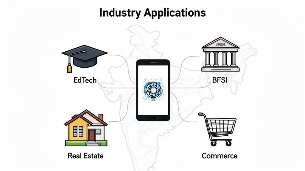 A smartphone in the center illustrates industry applications in EdTech, BFSI, Real Estate, and Commerce sectors across India.