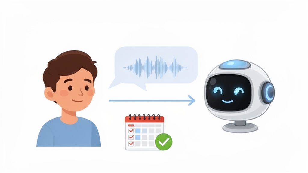 A person uses voice commands to a robot assistant for scheduling tasks, showing successful completion.