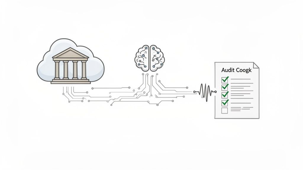 Diagram of banking compliance: cloud data processed by AI leads to a detailed audit report.