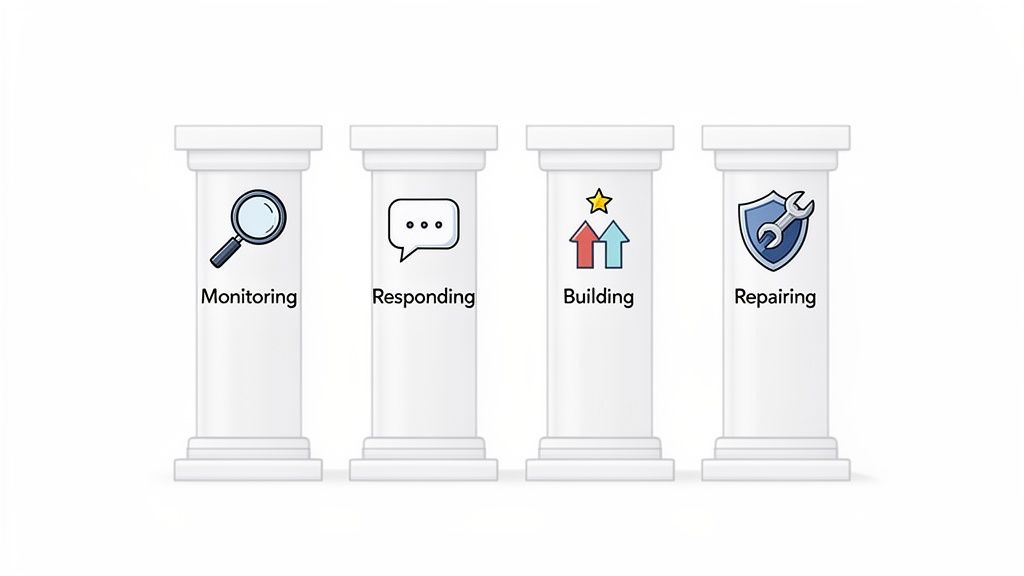 Four pillars representing monitoring, responding, building, and repairing strategies.