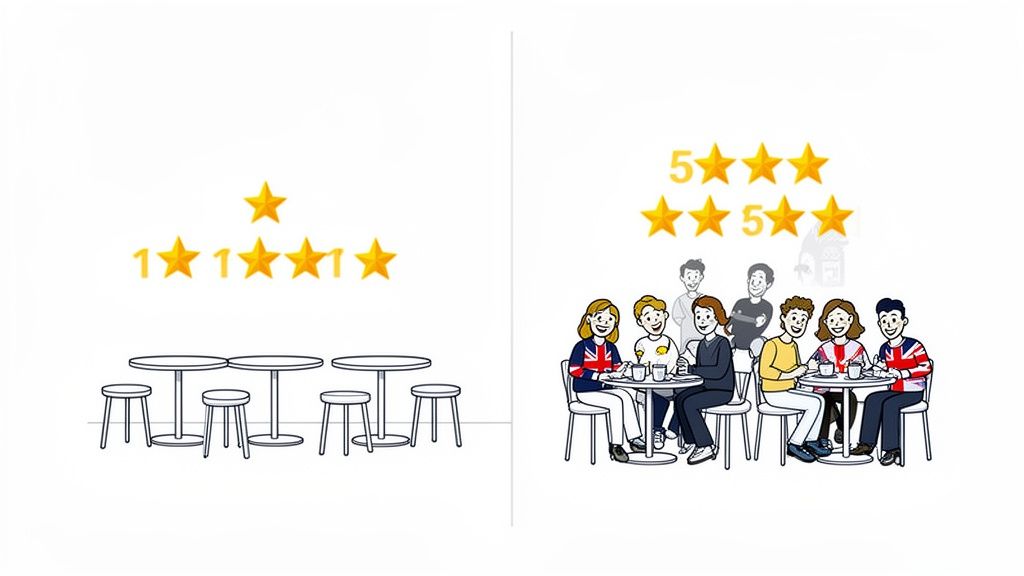Illustration comparing a cafe with 1-star reviews and empty tables to a bustling cafe with 5-star rated, happy customers.