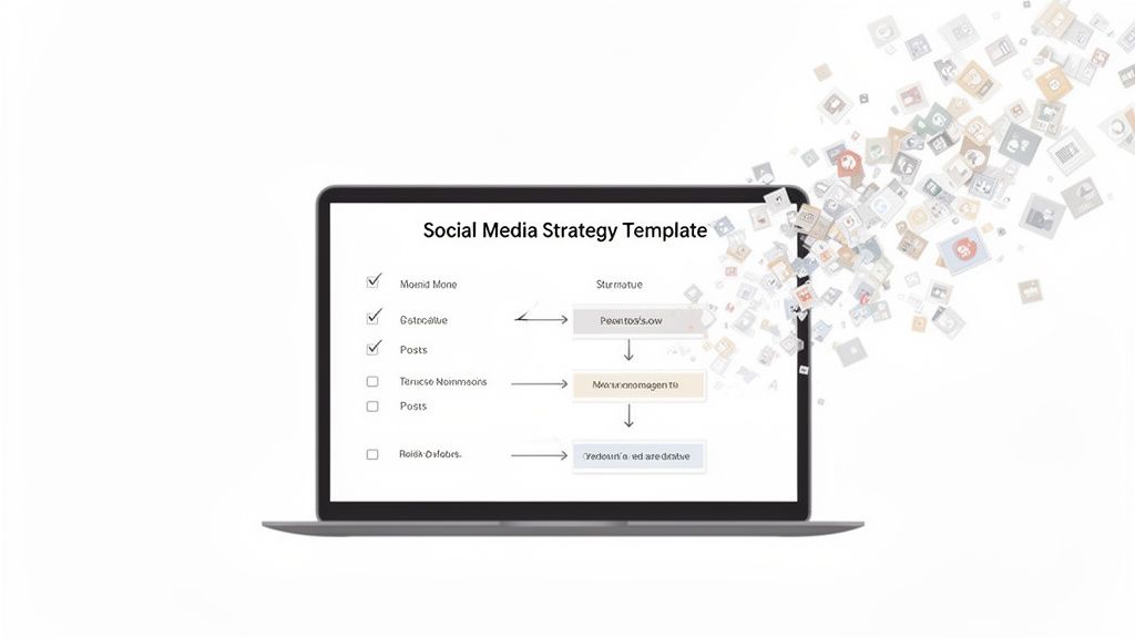 A laptop displays a social media strategy template with a checklist and flowchart, surrounded by digital icons.