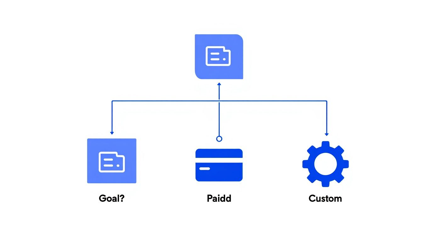 A blue diagram shows a document icon connected to 'Goal?', 'Paiddd' (credit card), and 'Custom' (gear) options.