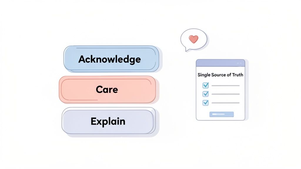 A diagram illustrates 'Acknowledge, Care, Explain' communication principles alongside a 'Single Source of Truth' checklist, symbolizing effective communication.