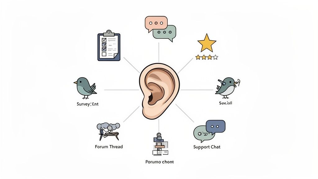 An ear surrounded by icons representing various voice of customer feedback channels like surveys, social media, and chat.