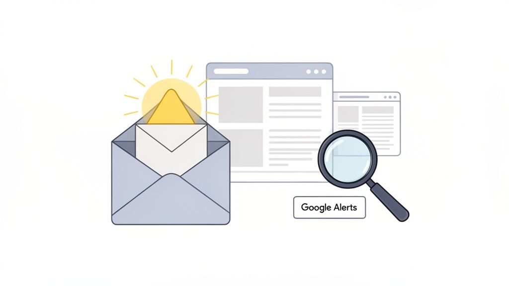 An illustration representing Google Alerts with an open envelope, shining email, web pages, and a magnifying glass.