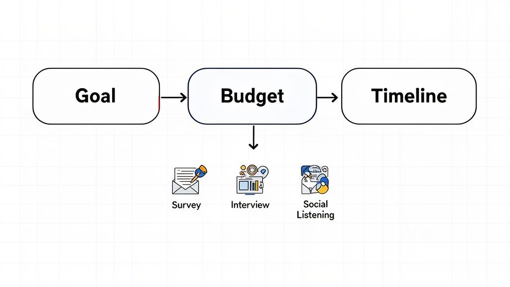 Flowchart detailing market research process steps: Goal, Budget, Timeline, and data collection methods.