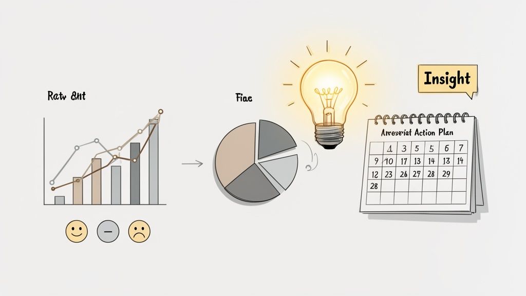 A diagram illustrates raw data from charts and sentiment faces transforming into a pie chart, leading to an insight, lightbulb, and an action plan calendar.