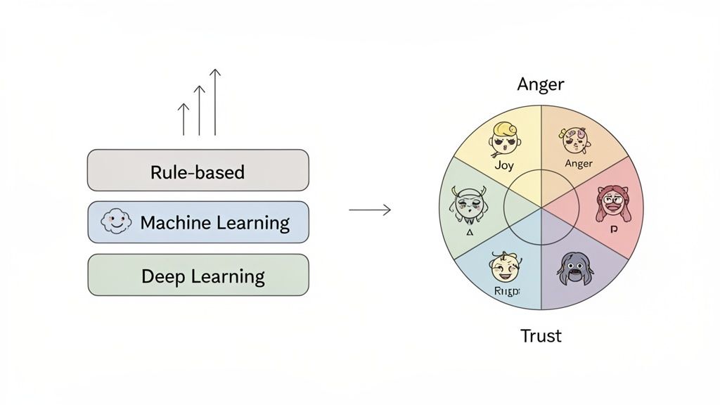 Diagram illustrating rule-based, machine learning, deep learning progression leading to an emotion analysis wheel.