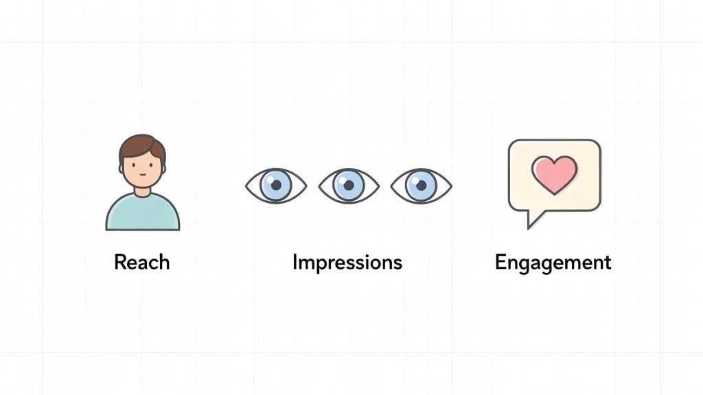 Diagram illustrating digital marketing metrics: Reach (person), Impressions (eyes), and Engagement (heart icon).