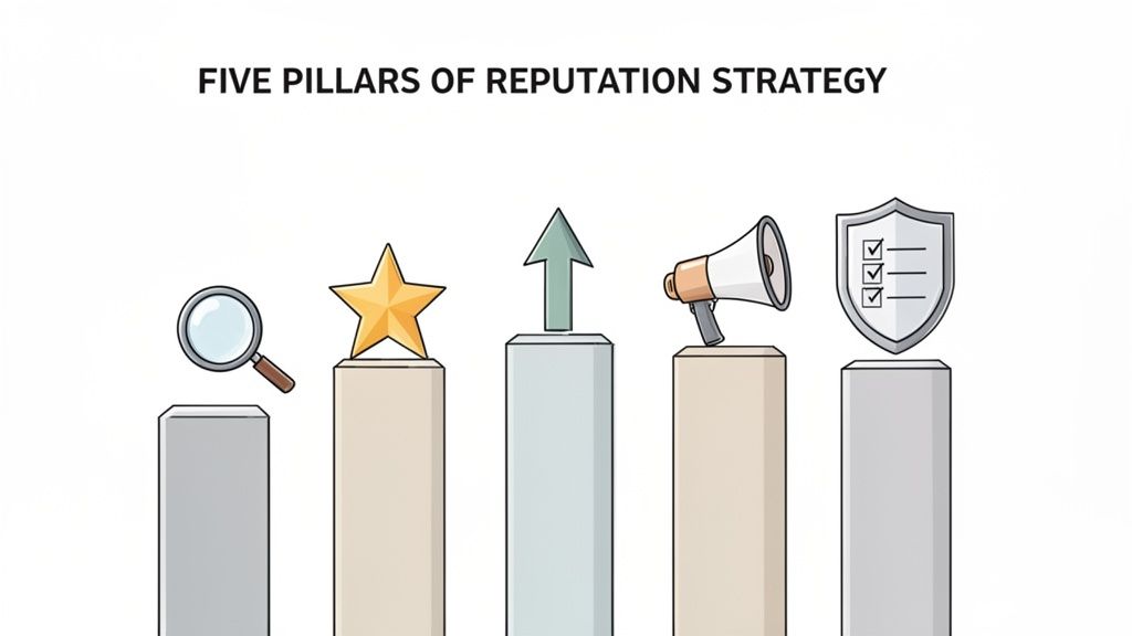 Five pillars of reputation strategy illustrated with icons for search, quality, growth, communication, and protection.