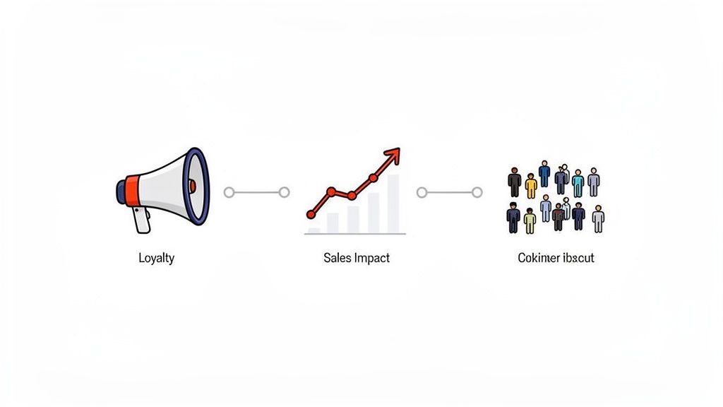 A diagram illustrating loyalty represented by a megaphone, leading to sales impact with an upward graph, and a group of people.