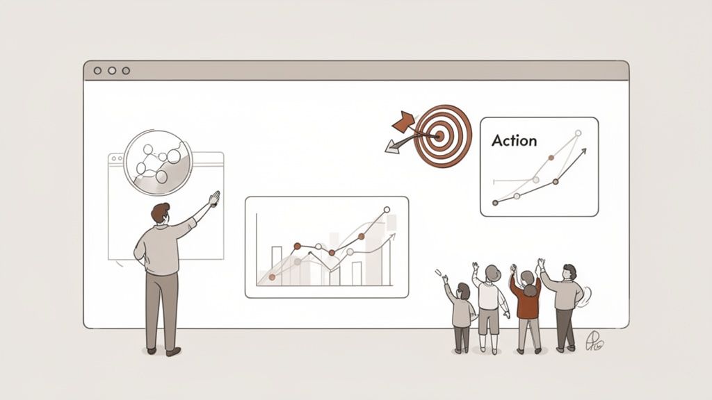 A man presents business data, graphs, and a target on a large screen to a small team.