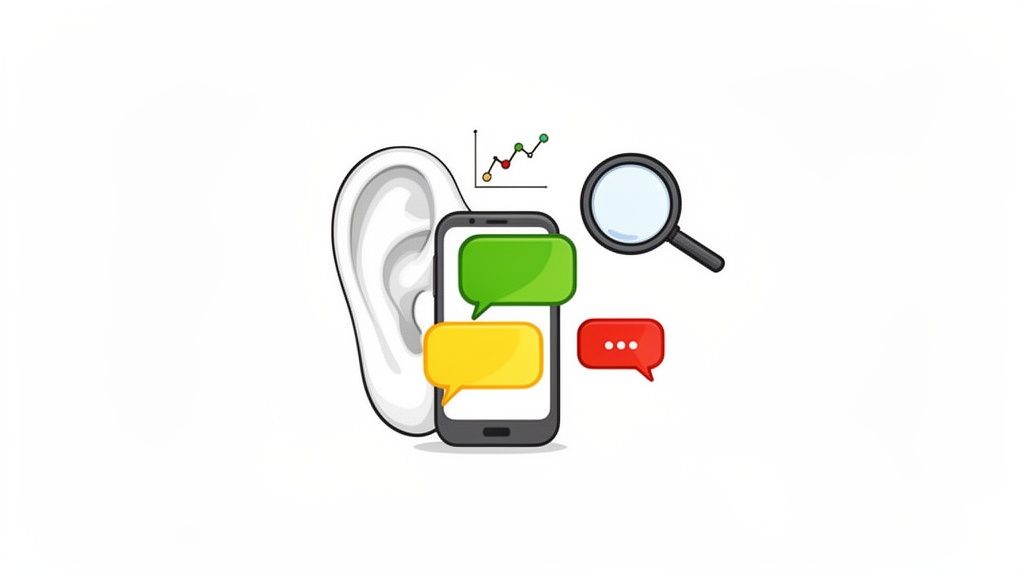 An ear, a smartphone with chat bubbles, a line graph, and a magnifying glass symbolizing social listening and market analysis.