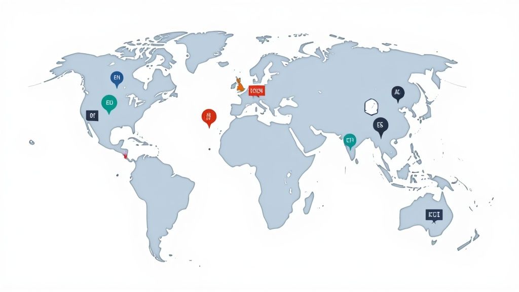 A world map displaying numerous location pins with abbreviations like EN, EU, DF, ES, AC, KOI, and various symbols.