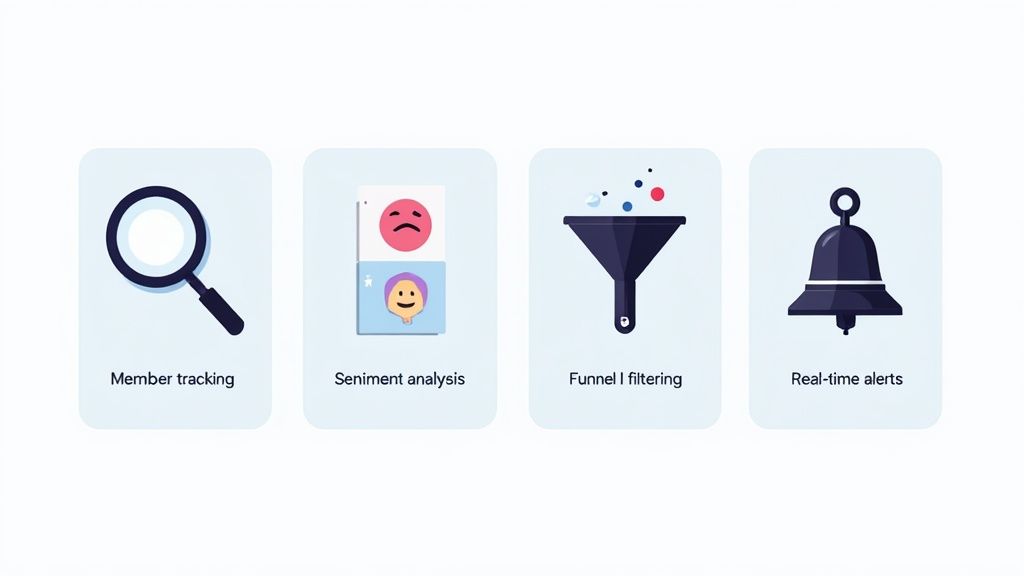 Icons illustrating member tracking, sentiment analysis, funnel filtering, and real-time alerts features.