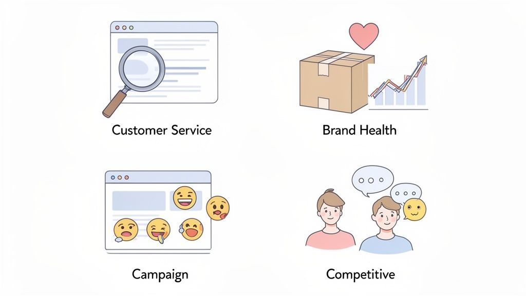 Four panels illustrating different aspects of social media sentiment analysis, including customer service, brand health, campaigns, and competitive intelligence.