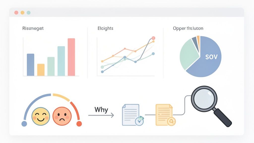 Dashboard with data analysis charts, sentiment gauge, and a process flow for competitive insights.