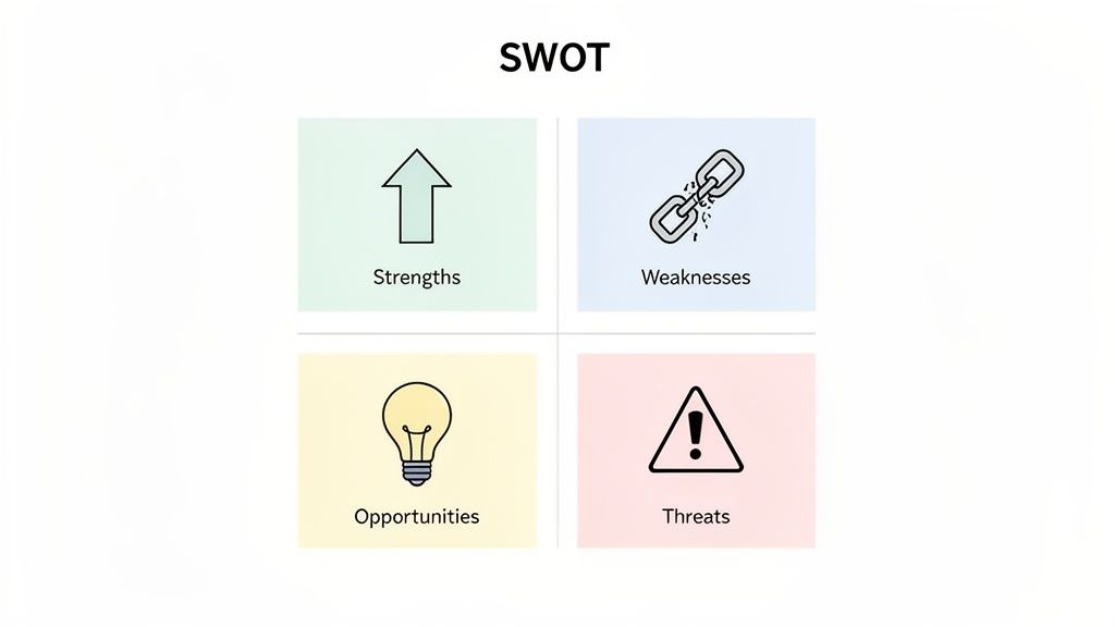 A visual representation of a SWOT analysis framework, showing strengths, weaknesses, opportunities, and threats.