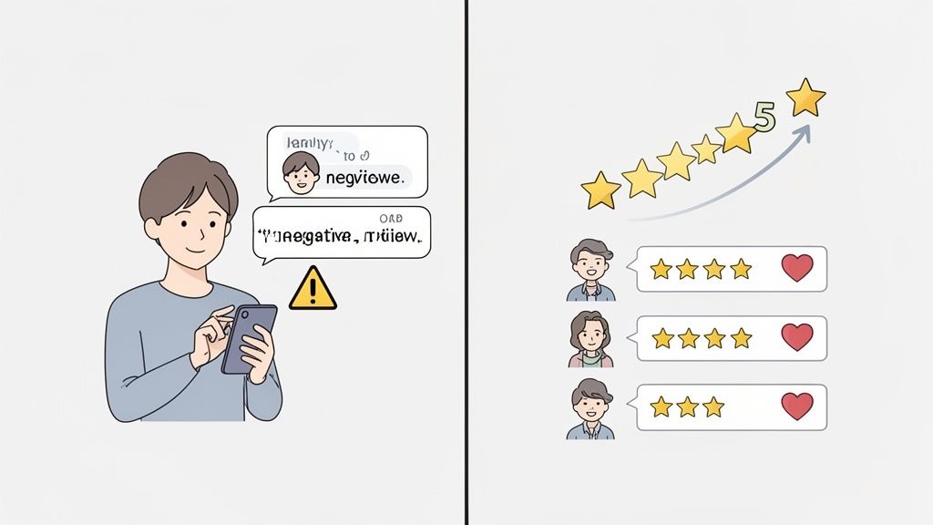 Online reputation management concepts with a warning for negative reviews and positive star ratings.