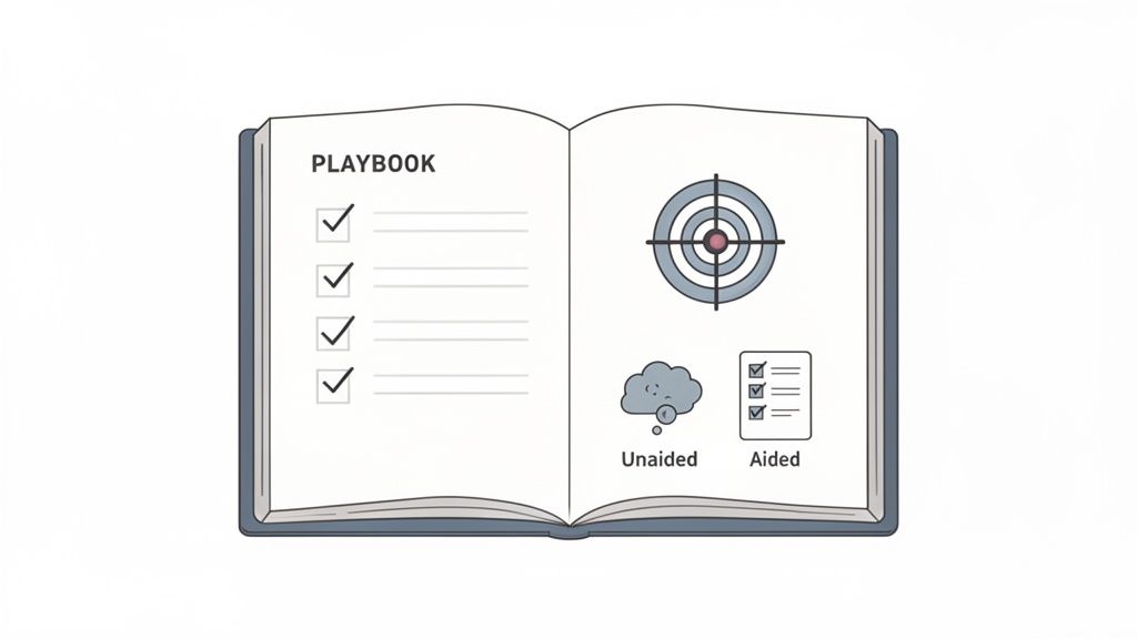 An open playbook displays a checklist, a target, and methods for unaided versus aided recall.