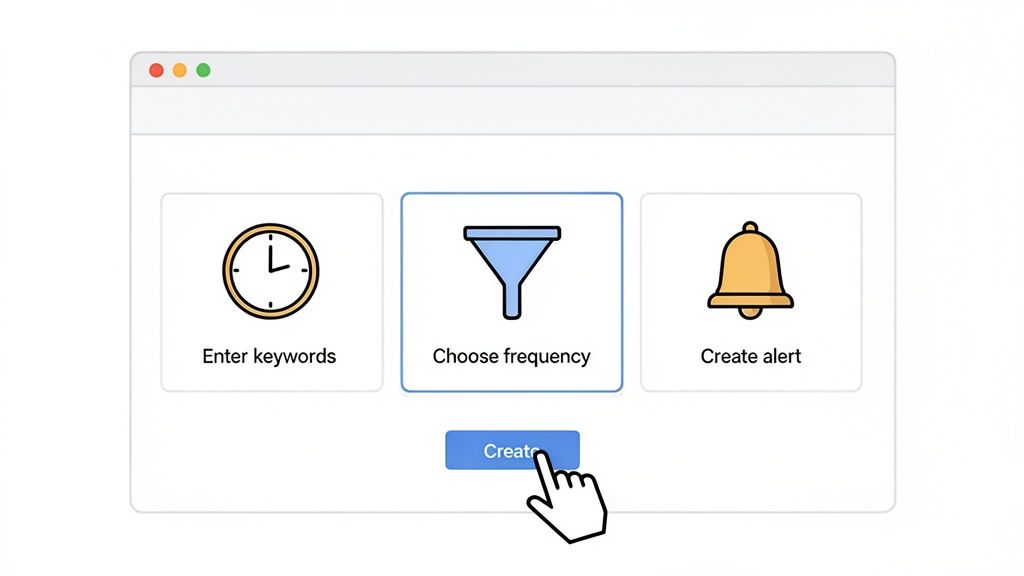 Web interface showing three steps to create an alert: enter keywords, choose frequency, and click create.