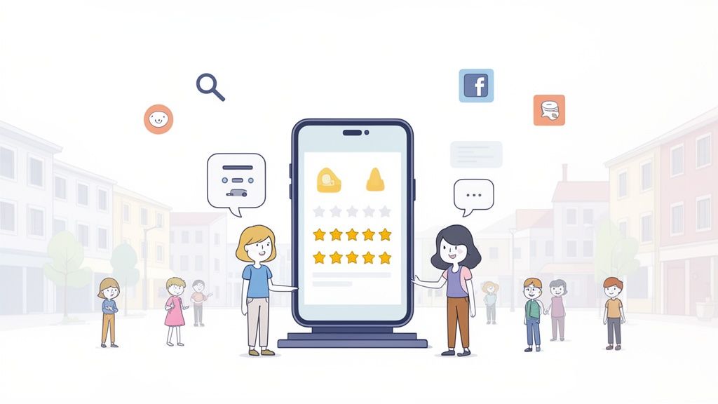 Two women interact with a large smartphone displaying a rating system with many stars, surrounded by people and social media icons, illustrating online reviews.