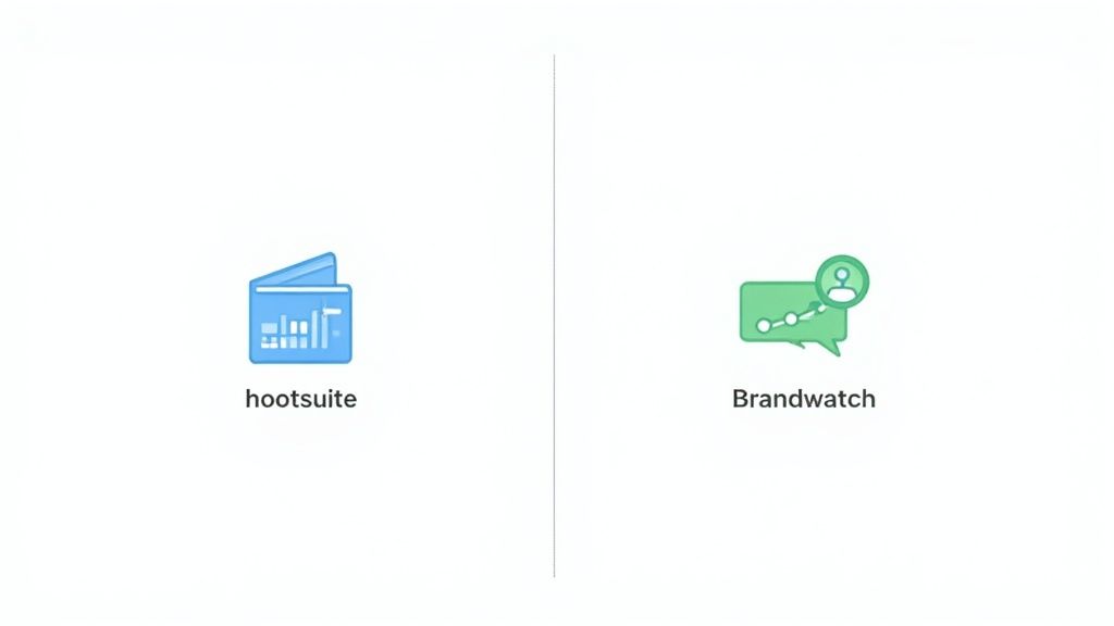 Two icons, one blue for Hootsuite and one green for Brandwatch, displayed side-by-side on a white background.