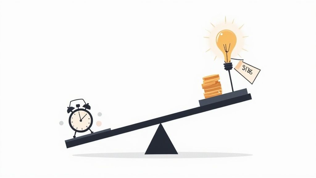 A balance scale with an alarm clock on one side and a lightbulb with a $17B tag and money on the other.