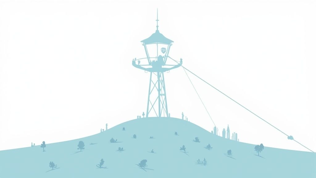 Minimalist light blue illustration of a tower on a hill with scattered trees and a distant cityscape.