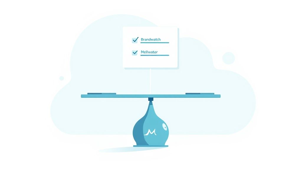 A balanced scale comparing Brandwatch and Meltwater, both checked on a list, against a light blue background.