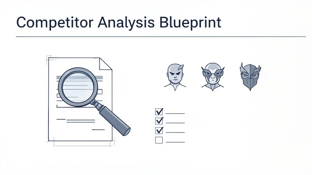 Illustration of a competitor analysis blueprint with a magnifying glass on a document, diverse competitor avatars, and a checklist.