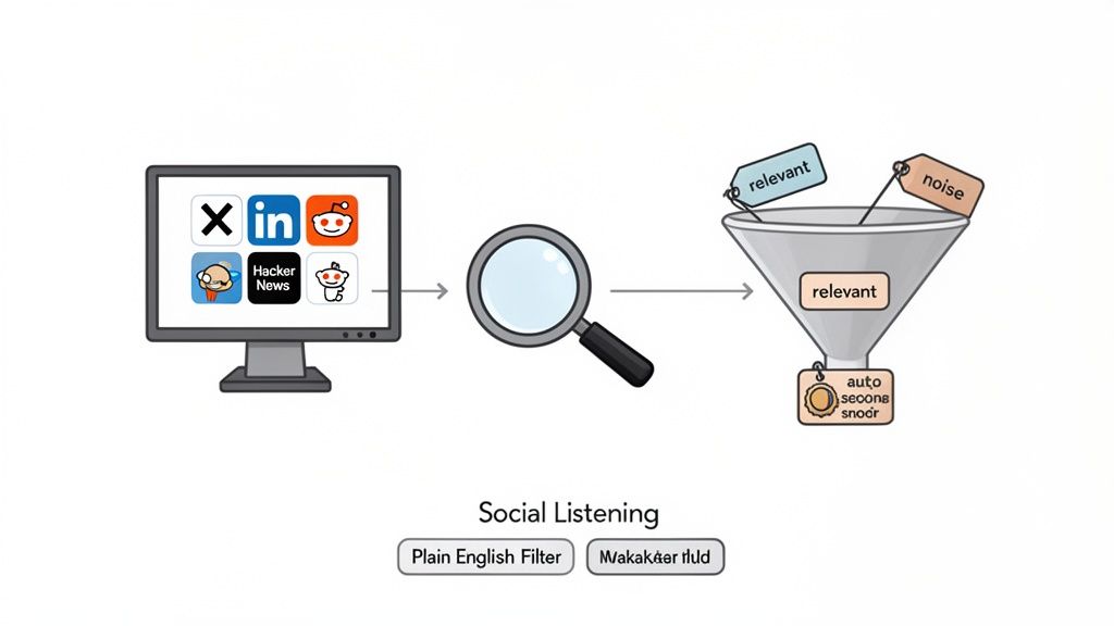 Diagram illustrating the social listening process, collecting and filtering data from various social media platforms.